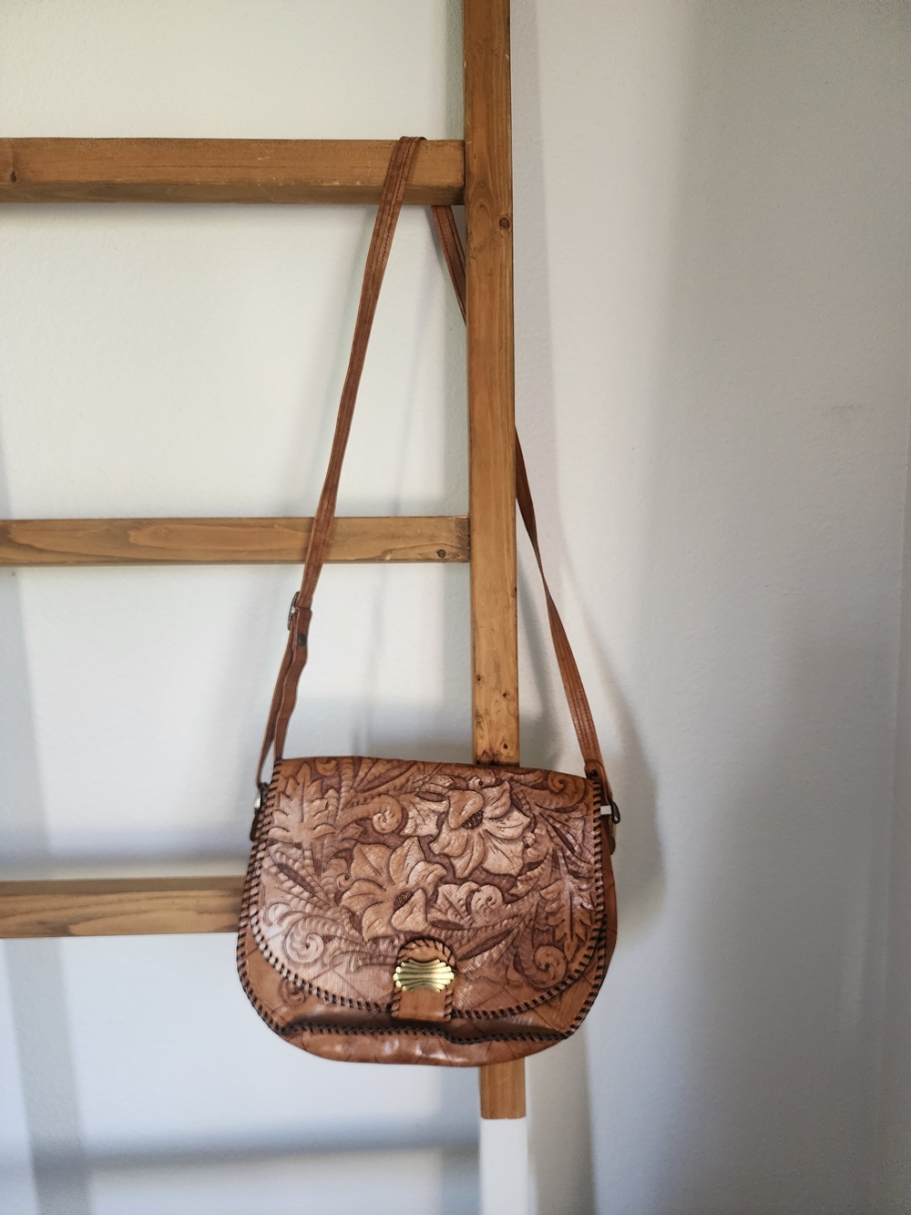 Vintage Tooled Floral Brown Leather Crossbody Bag